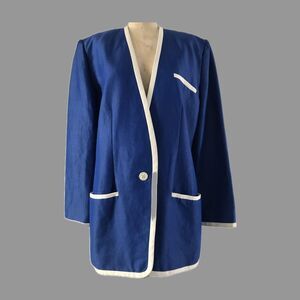 Vintage 1990s Blue Ramie Single Button Chic Blazer Jacket Womens Size M